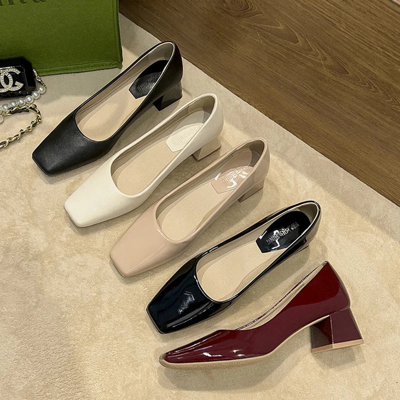 LIZAKOSHT -  Solid Japanned Leather Pumps Woman Block High Heels Shoes OL Ladies Dress Work Escarpins Femmes Designer Luxury Tacones Mujer