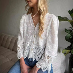 LIZAKOSHT  -  Spring Floral Embroidery Long Sleeve Cardigan Women Causal Lace Stitching Tops Temperament 2024 Chiffon V-neck Blouse Blusa New