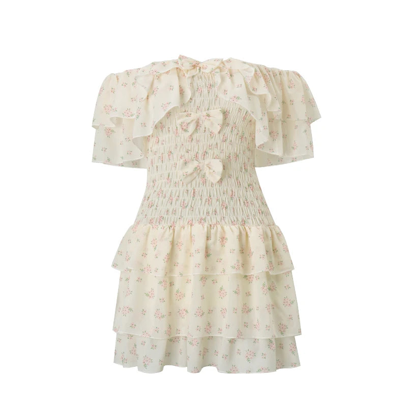 LIZAKOSHT  -  Off Shoulder Sexy Floral Print Mesh Bow Fashion A-line Bodycon Pleated Mini Dress Summer New Sweet Cute Party Vestidos