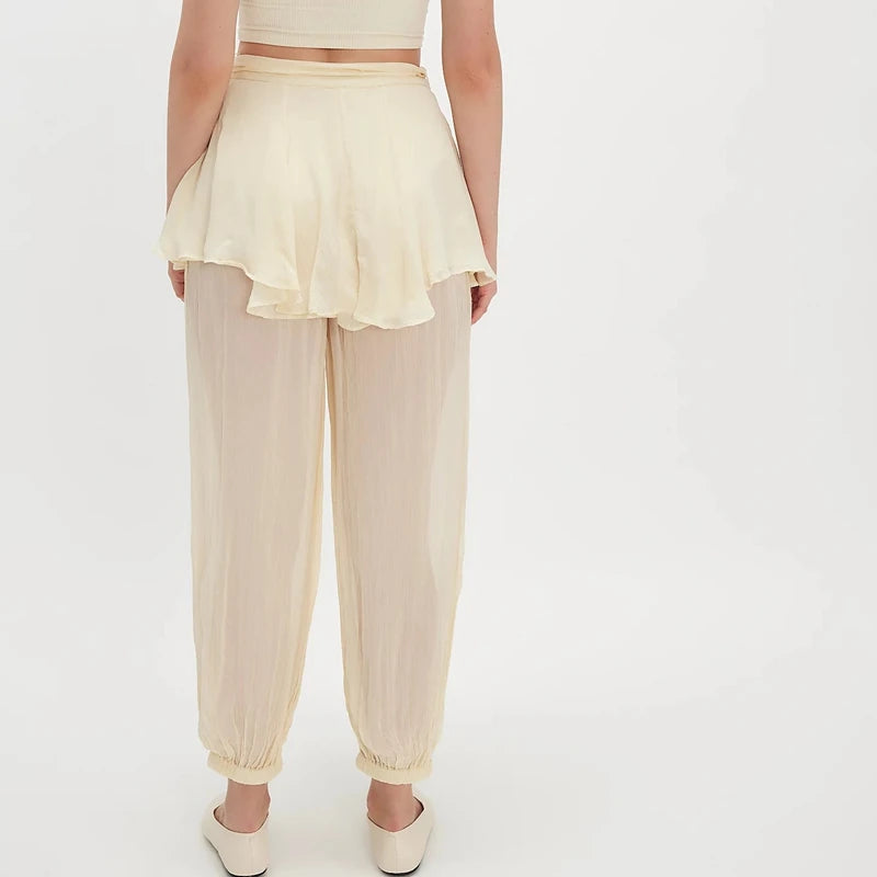 LIZAKOSHT  -  Women's Long Bloomers Layered Skirted Pants with Belt Tied Sheer Balloom Mid Rise Sheer Slips Bubble Culottes Bottoms