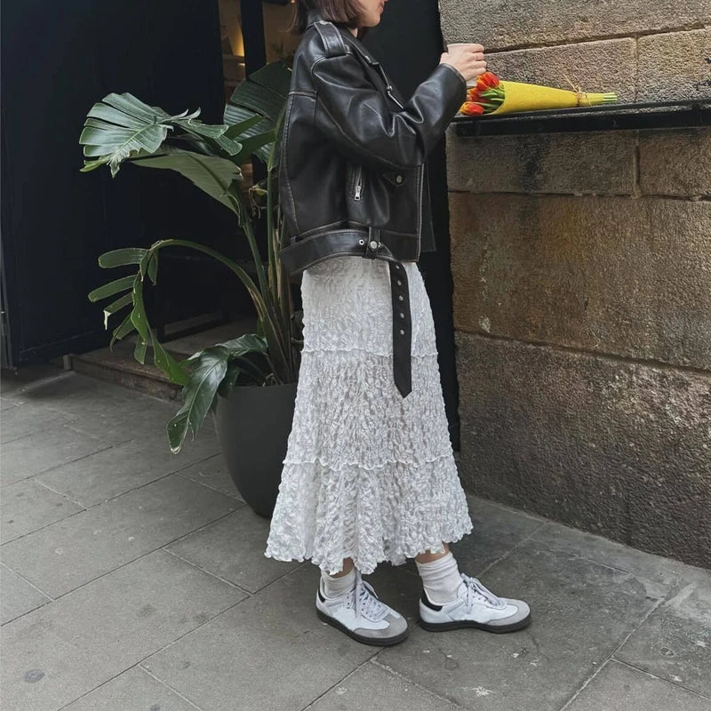 LIZAKOSHT  -  Vintage Lace Midi Skirt Floral Sheer See-Through Irregular Hem A-line Skirt Fairy Streetwear Chic Women Long Skirt