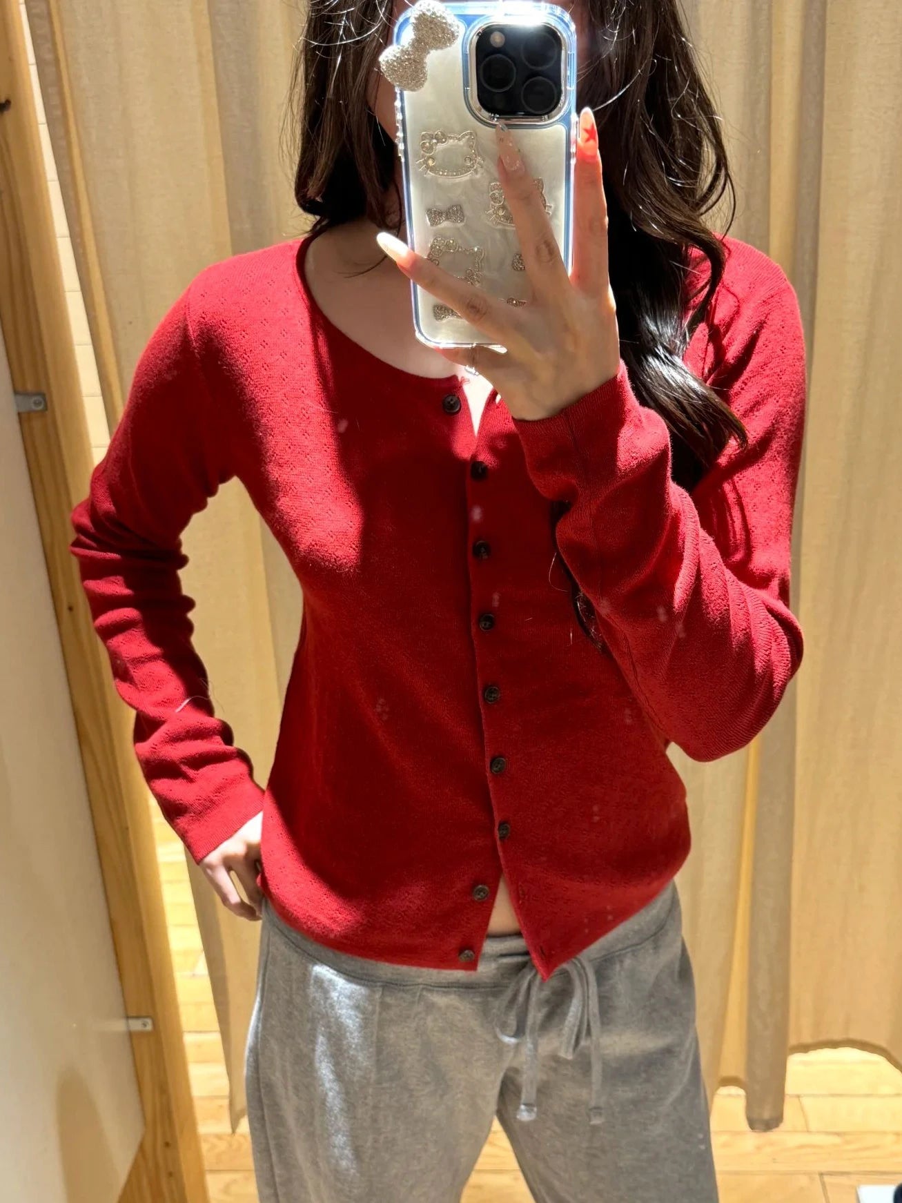 LIZAKOSHT  -  Eyelet Red Woman's Sweater Cardigan O-neck Single Breasted Slim Knitwear Female Casual Simple Solid All-match Cotton Crop Top