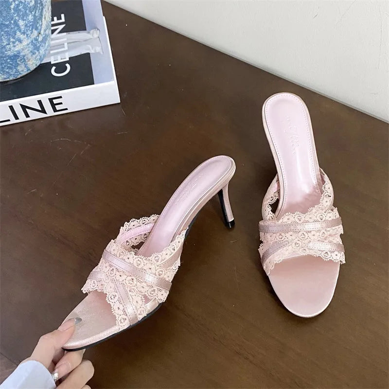 LIZAKOSHT  -  Satin Lace Narrow Band Woman Slippers Fashion Elegant Thin Heels Female Shoes Summer Slides Zapatos De Mujer