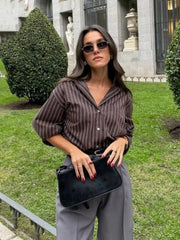 LIZAKOSHT  -  Striped Shirt Women Casual Loose Single Breasted Turn-down Collar Blouse 2025 New Summer Office Lady Simple Long Sleeve Shirts