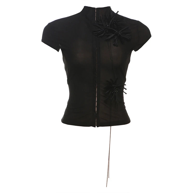 LIZAKOSHT  -  Vintage Sexy Single Breasted 3D Flower See-through Half High Collar Short-sleeved T Shirt Party Street Casual Slim Fit Tops