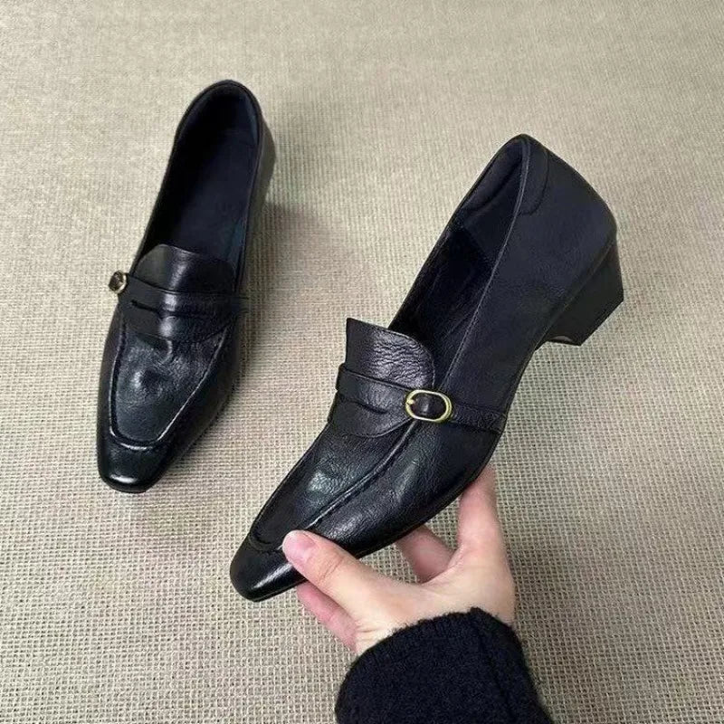 LIZAKOSHT  -  Vintage Square Toe Block Heel Loafers for Women Leather Buckle Pumps Retro Commuter Slip On Dress Shoes Office Ladies Footwear