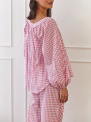 LIZAKOSHT  -  Women s Cozy Plaid Print Pajama Set with Long Lantern Sleeves and Elastic Waistband - Button Down Top and Lounge Pants for Fall