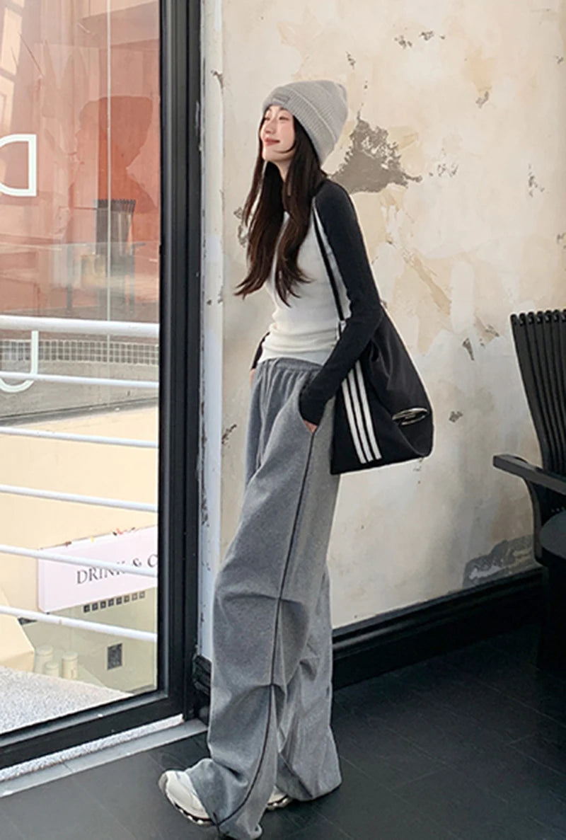 LIZAKOSHT  -  American Sweatpants Women  Fall Chic Fashion Casual Wide-Leg Pants Straight Parachute Loose Side Striped Soild Cargo Trousers