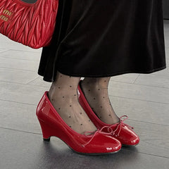LIZAKOSHT  -  Fashion Pumps New High Quality Genuine Leather Shoes Butterfly Bow Round Head Slope Heels High Heels Women's Heels Shoes