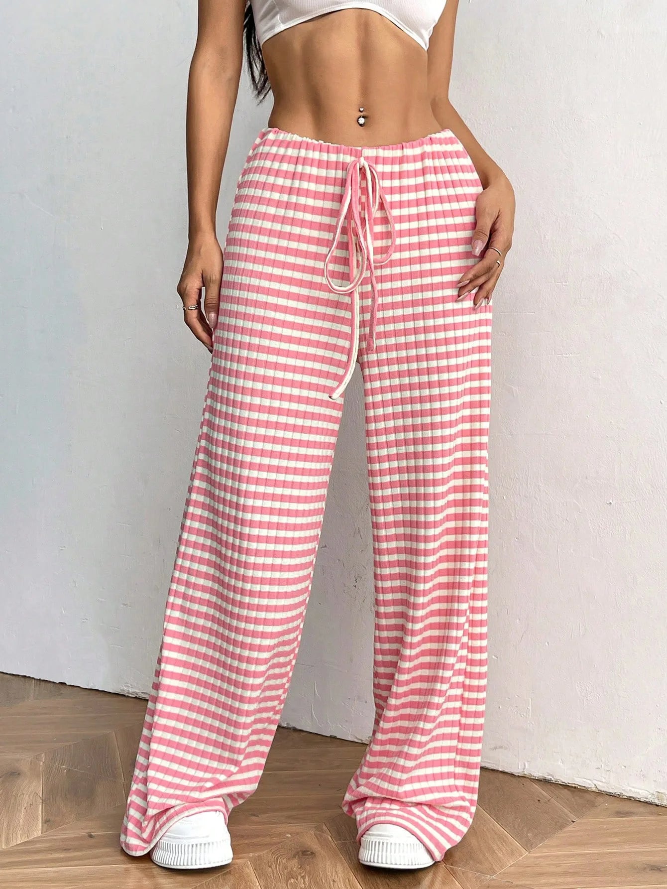 LIZAKOSHT  -  Women's New Casual Striped Solid Color Elastic Rope Cotton Straight Leg Pants
