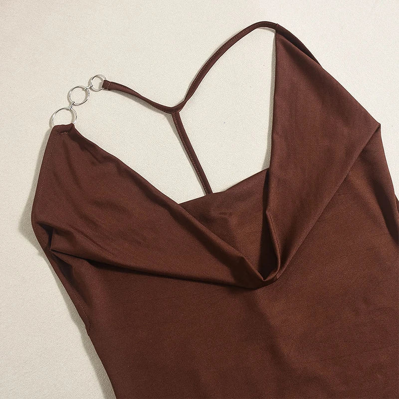 LIZAKOSHT  -  Women's Asymmetric Metal Ring Decorative Halter Swinging Collar Draped Backless Sleeveless Skinny Mini Dress Nightclub Wear