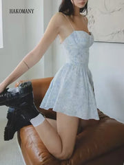 LIZAKOSHT  -  Women Ruched Hem Backless Party Skater Short Sling Robe Sexy Blue Flower Print Bra Corset style Spaghetti Strap Mini Dress