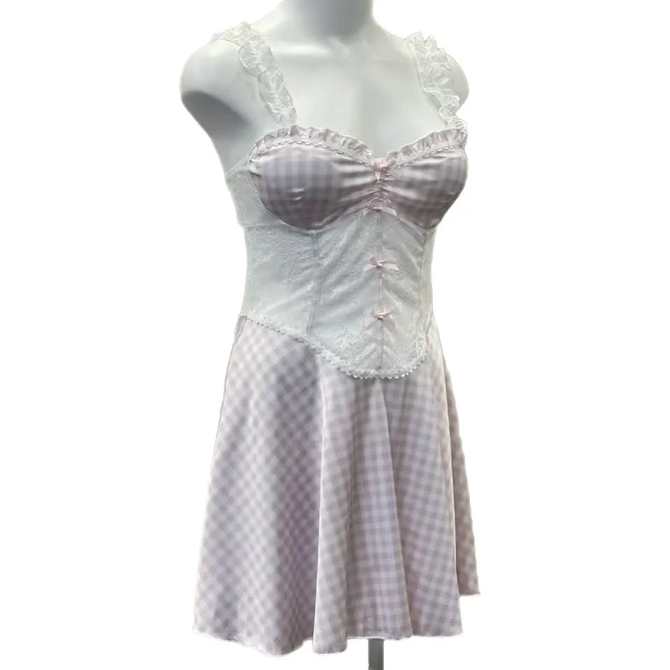 LIZAKOSHT  -  Sweet Heart Nightgowns Plaid Nightdress College Style Summer Sexy Nightgowns Spice Wide Edge Lace Dress Waist Skinny Nightgowns