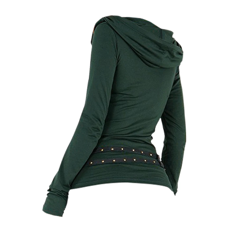 LIZAKOSHT  -  Long Sleeve Solid Color Hooded Top For Women Hoodie Ruched Curved Hem Casual Top With Double Belts