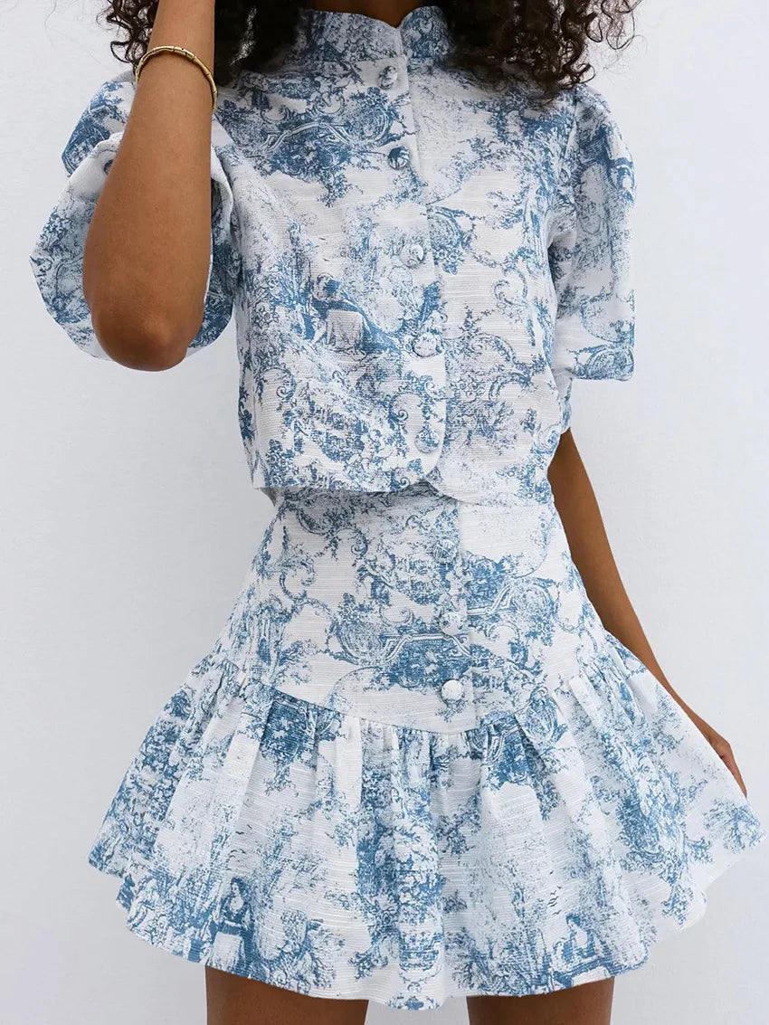 LIZAKOSHT  -  Chic Summer Women Stand Collar Flowers Printed Shirt Short Sleeved Floral Blouses Slim Fit Tops + A-Line Pleated Skirt 2Pcs Set