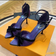 LIZAKOSHT  -  Sexy Lace Bowknot High Heels Women Pleated Designer Sandals Female Satin Pointed Toe Pumps Banquet Party Shoes Ladies