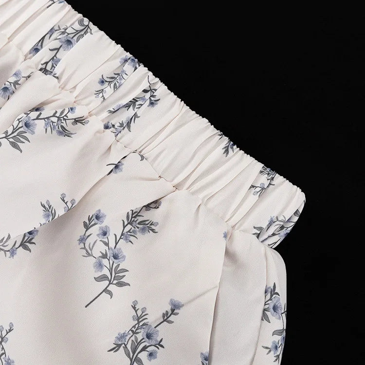 LIZAKOSHT  -  2025 French Style 2pcs Set Puff Sleeve Blouse & Printed Shorts High Neck Ruffle Trim Elegant Coords for Spring Summer