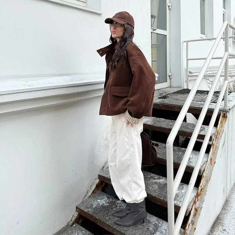 LIZAKOSHT  -  Autumn Chic Plaids Linen Solid Corduroy Coats Elegant Female Stand Collar Zipper Long Sleeves Jacket Fashion Lady Street Outwear