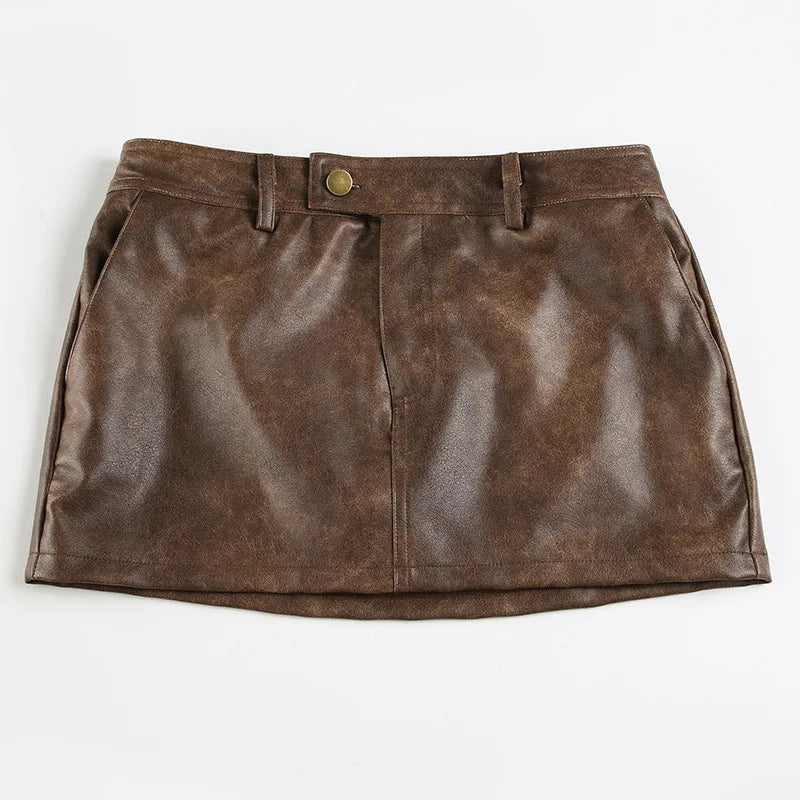 LIZAKOSHT  -  Y2k Brown Faux Pu Leather Low Waist Mini Skirts for Women Pockets Button Vintage Femme Club Streetwear Sexy Autumn Skirt