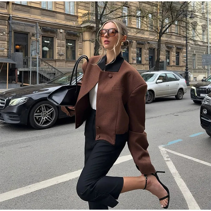 LIZAKOSHT  -  Women Vintage Lapel Neck Jackets Temperament Full Sleeve Pockets Short Jacket 2025 Autumn Lady Chic Daily Commute Outerwear