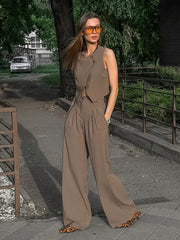 LIZAKOSHT  -  Women's Khaki Sleeveless Vest & Pants Set 2025 Spring Summer Casual High Waist 2PCS Wide Leg Pants Fashion Office Wear