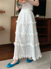 LIZAKOSHT  -  Gentle Lace Cake Skirts Women New Sweet Summer Florals 2024 Chic Casual Vacation Loose Ruffles High Waist Slim
