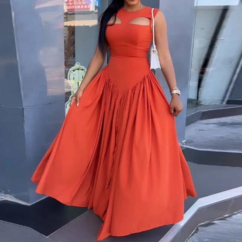 LIZAKOSHT  -  Women O Neck Summer Sleevelss Cut Out Low Waist Elegant Holiday Party Pleated A Line Sundress Chic Elastic Femme Maxi Robe