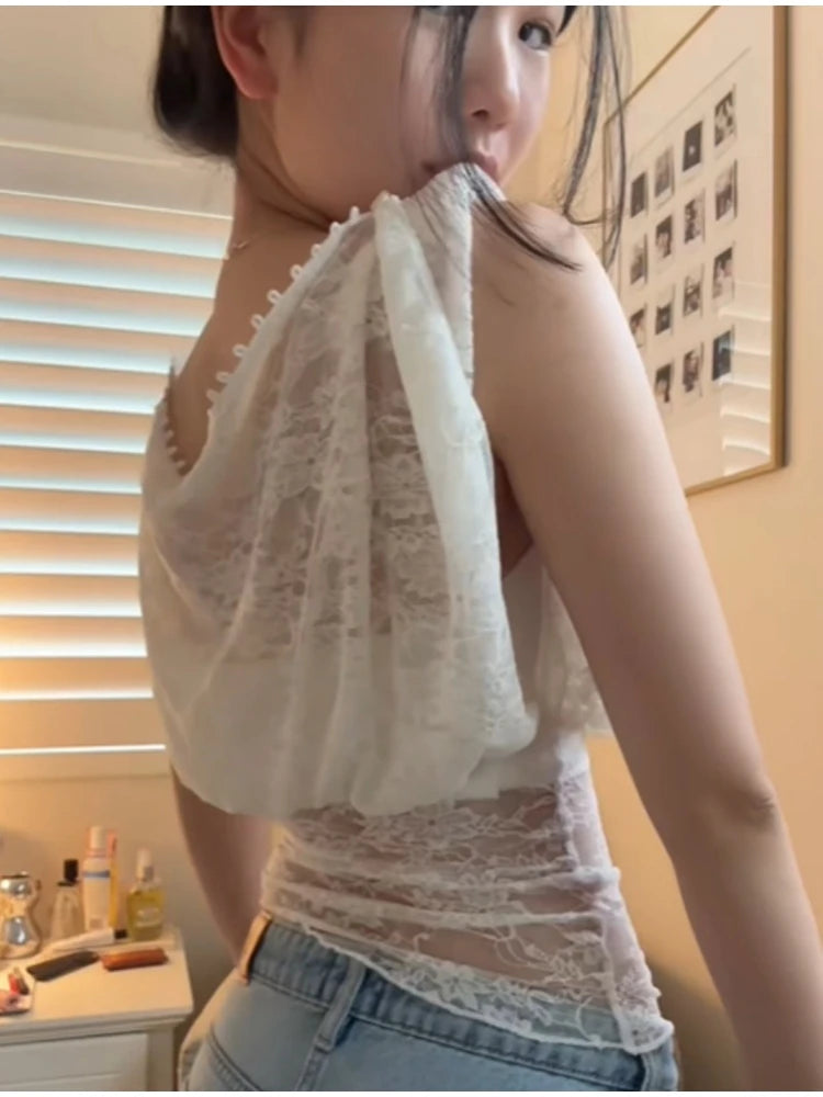 LIZAKOSHT  -  Stylish Delicate Lace Off Shoulder Short Tops Holiday Style Buttons Waist-cinching Shirts Lady Club Party Popular Streetwears