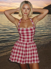 LIZAKOSHT  -  Sexy Halter Plaid Print Mini Dress Off-shoulder Sleeveless Spaghetti Strap Backless High Waist Red A-line Holiday Dress