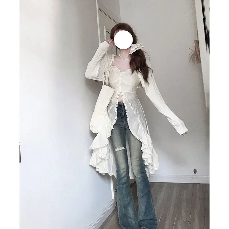 LIZAKOSHT  -  White Ruffled Shirt Camis Dress Sexy Vestidos De Mujer Irregular Robe Femme Summer New Y2k Dresses Slim
