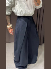 LIZAKOSHT  -  High Waist Striped Wide-Leg Pants For Woman Loose Irregular Floor-Length Trousers Single Bitton Pockets Fashion Casual Clothes