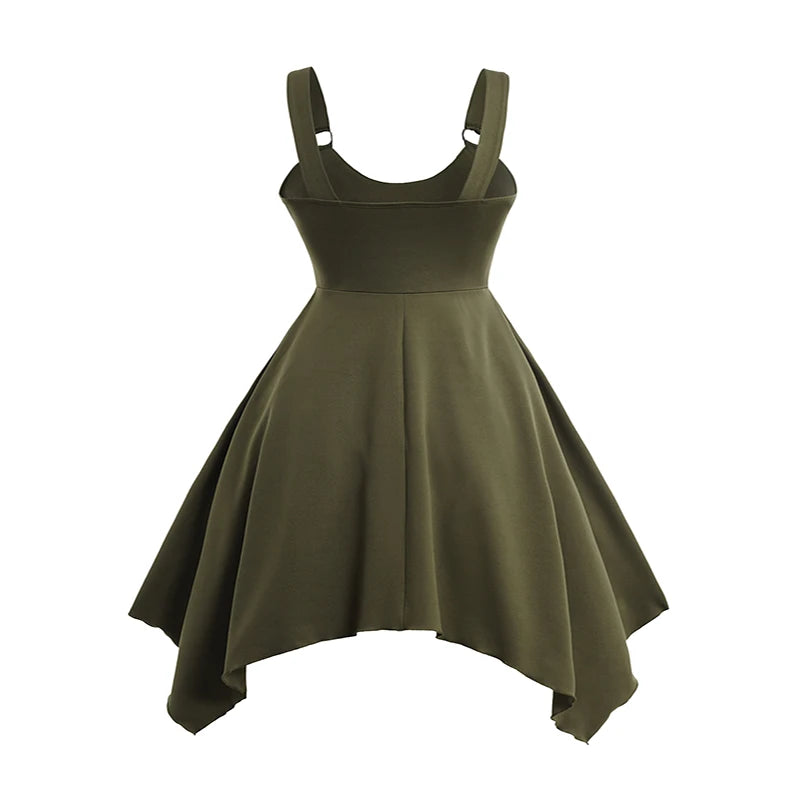 LIZAKOSHT  -  Dresses for Women Lace Mixed Media O Ring Lace Up Empire Waist A-Line Dress Asymmetric Summer Vest Dress Vestidos Para Mujer