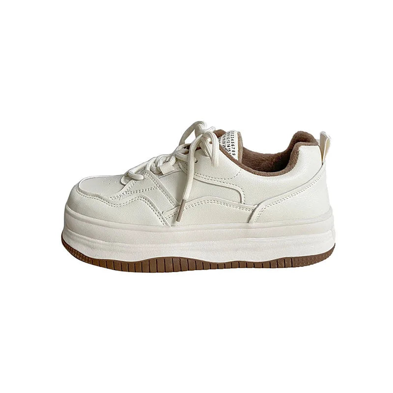 LIZAKOSHT New White Sneakers for Women Thick Bottom Platform Flats Sport Shoes Female Winter Keep Warm Shoes Casual White Vulcanized