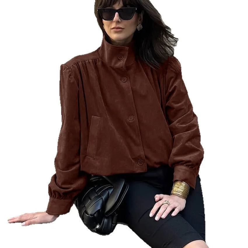 LIZAKOSHT  -  Elegant Fashion Brown Stand Collar Jackets Street Chic Single-Breasted Coat for Woman Gray Outerwear 2025 Autumn Long Sleeve Top