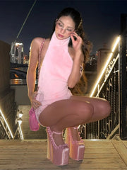 LIZAKOSHT  -  Furry Backless 2-Piece Set Women Turtleneck Rivets Vests+Mini Elastic Waist Shorts Sexy Midnight Street Fashion Suit