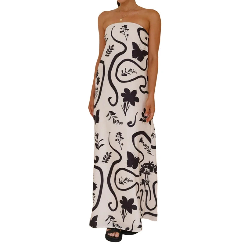 LIZAKOSHT  -  Women Graphic Strapless Long Tube Dress Vintage Off Shoulder Backless Maxi Dress Flowy Summer Holiday Beach A-line Dress