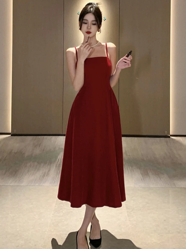 LIZAKOSHT  -  Summer New French Elegant Strap Birthday Party Prom Midi  Velvet Dress For Women Sleeveles  Female One Piece Clothes