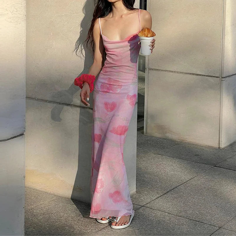 LIZAKOSHT  -  y2k Long Dress Women Summer Floral Print Spaghetti Strap Sleeveless Mesh Bodycon Dress 2000s Party Dresses Clubwear