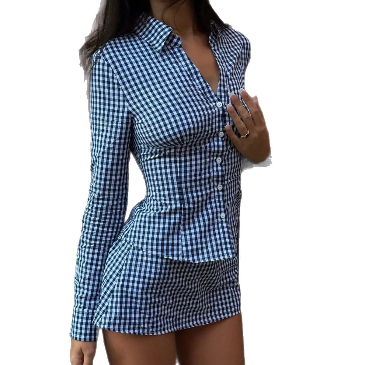 LIZAKOSHT  -  Summer New Style Shirt Collar Long Sleeve Single Button Short Skirt Set Women's Business Casual Polyester Fiber Dress
