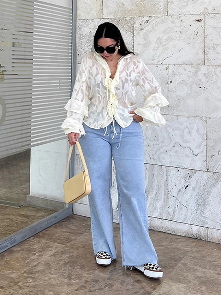 LIZAKOSHT  -  Chic Cascading Ruffle Top For Women V-neck Long Sleeve Hollow Out Lace Up Transparent Shirt 2025 Summer Female Casual Outerwear