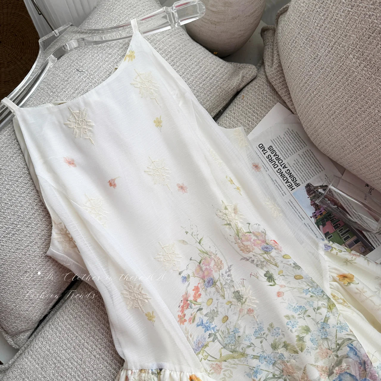 LIZAKOSHT  -  Off White Elegant Kawaii Fairycore Floral Print Chiffon Ruched Waist Halter Mini Dress Women Girls Summer Beach Party Daily Wear