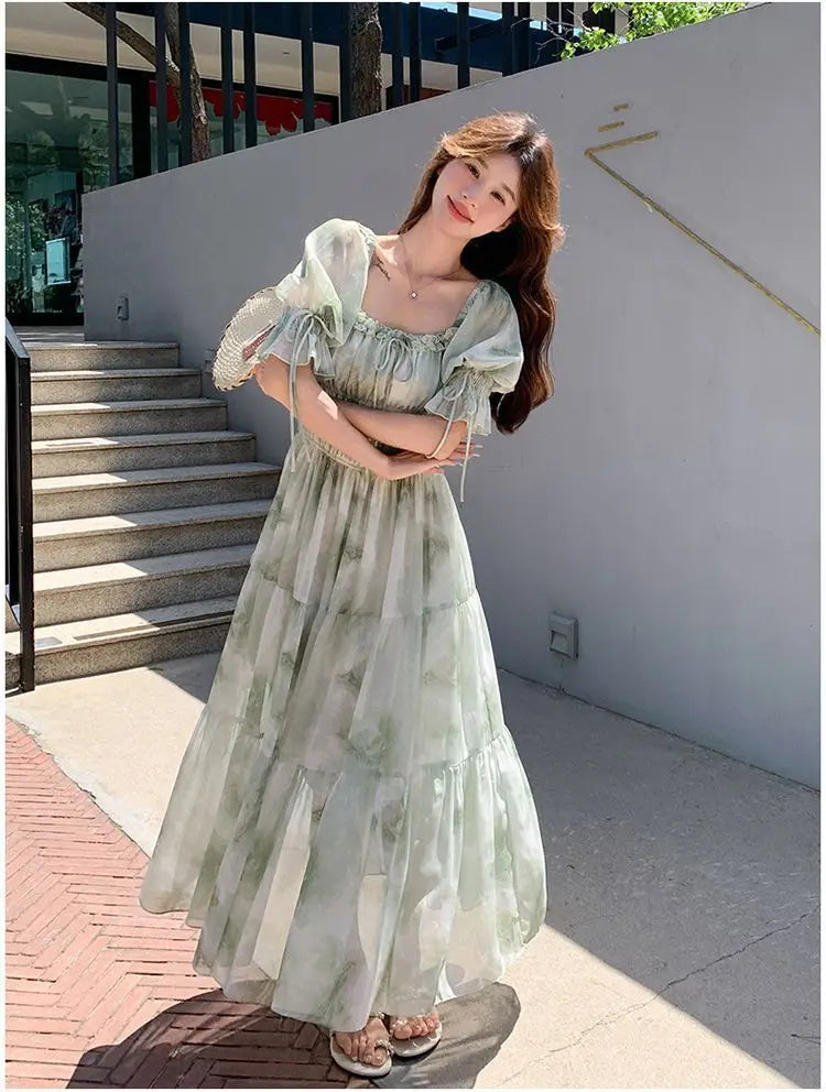 LIZAKOSHT  -  French Tender Style Square Collar Floral Print Dress for Women