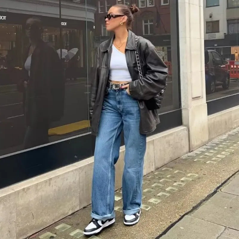 LIZAKOSHT  -  Amercian Retro White High Waist Straight Wide Leg Jeans Women Loose Denim Pants Floor Length Trousers blue black 4 colors