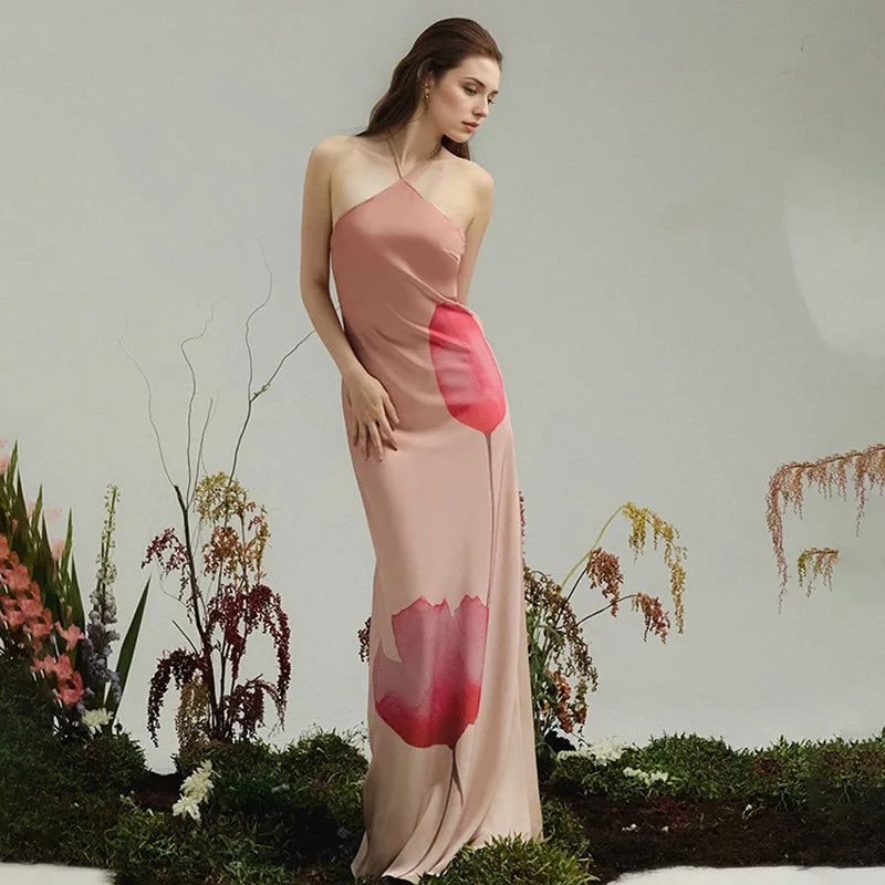 LIZAKOSHT  -  Elegant Print Halter Long Dress Women Backless Lace Up Sleeveless Beach Vestido Female 2025 Spring Summer Fashion Chic Dresses