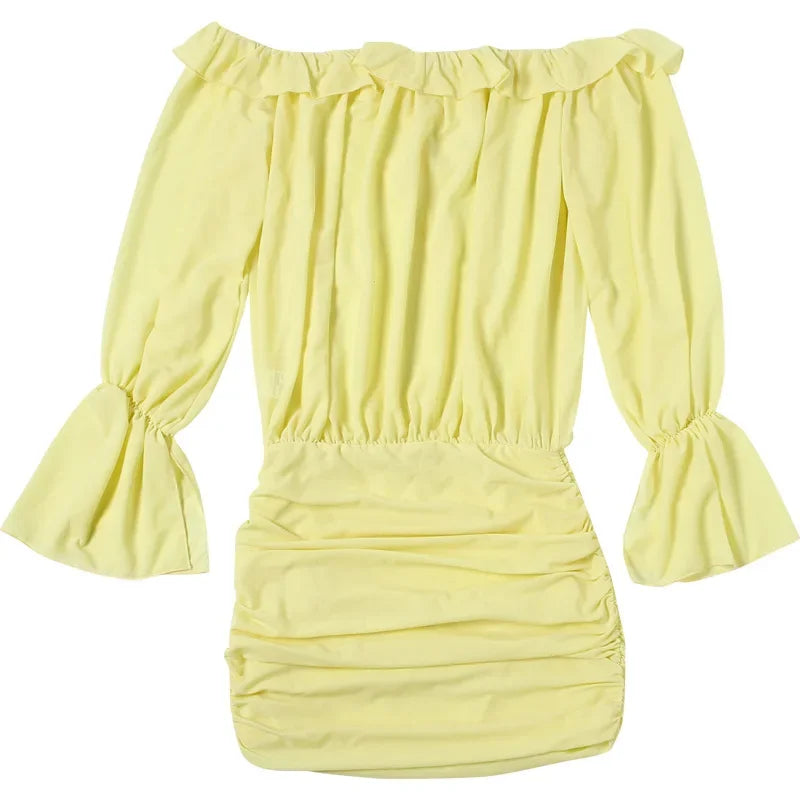 LIZAKOSHT  -  Elegant Sexy Yellow Ruffles Ruched Boydcon Mini Dress Women Lace Up Slash Neck Off Shoulder Flare Long Sleeve Party Clubwear