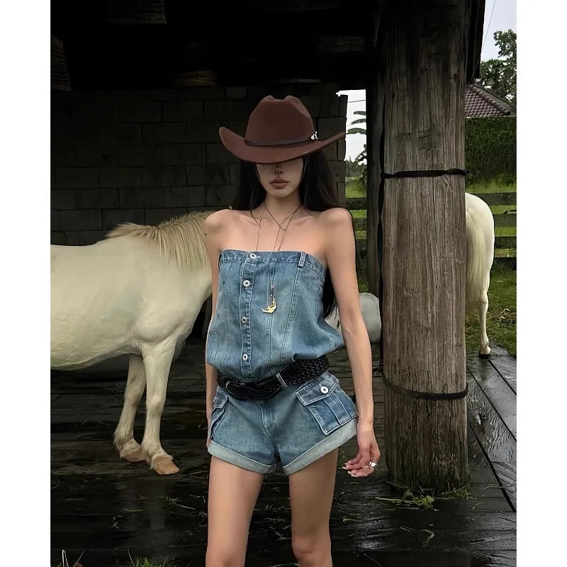 LIZAKOSHT  -  Sexy Spicy Girl Versatile Edge Slimming Shorts Summer Sleeveless Single Breasted Street Fashion Y2k Temperament Jeans Jumpsuit