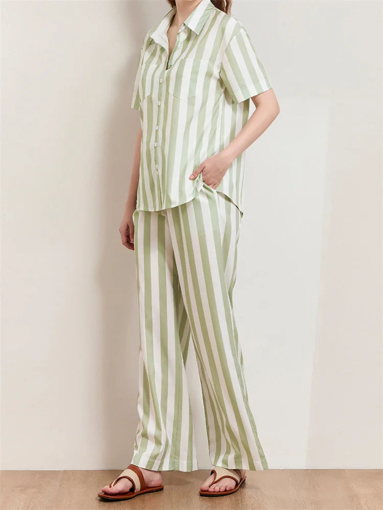 LIZAKOSHT  -  Women Striped Print 2 Pieces Pajama Set Short Sleeve Buttons Up Shirts with Elastic Waist Wide Leg Pants Outfits