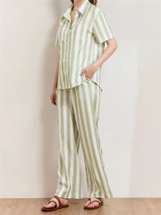 LIZAKOSHT  -  Women Striped Print 2 Pieces Pajama Set Short Sleeve Buttons Up Shirts with Elastic Waist Wide Leg Pants Outfits