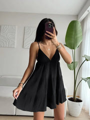 LIZAKOSHT  -  Women Sexy Sleeveless V-neck Mini Dress Chic Backless Off Shoulder High Waist Pleated Loose Dresses Lady Holiday Vestidos