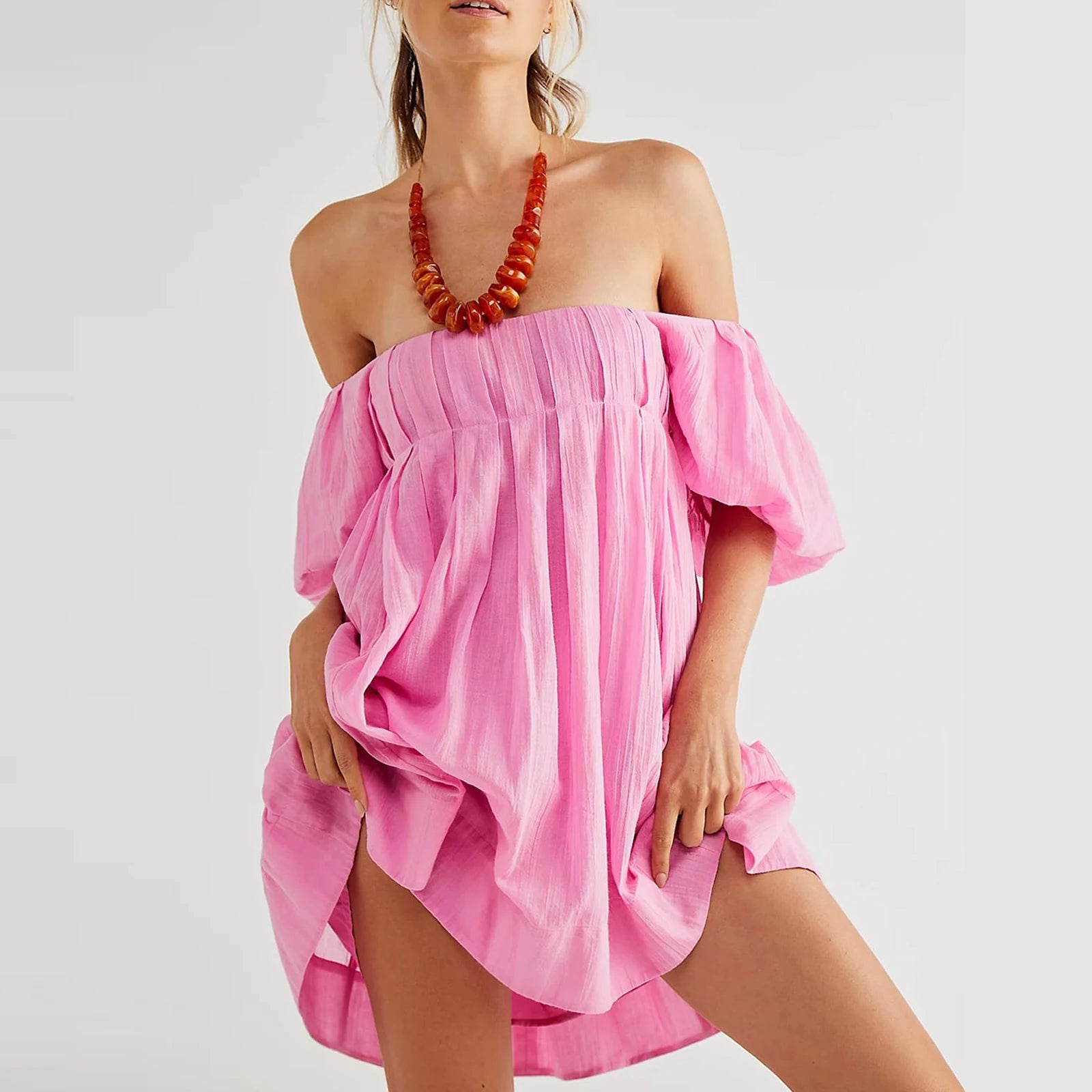 LIZAKOSHT  -  Women Y2k Puff Sleeve Babydoll Short Dress Square Neck Tie Back Mini Dress Flowy Solid Color Summer Vacation Dres